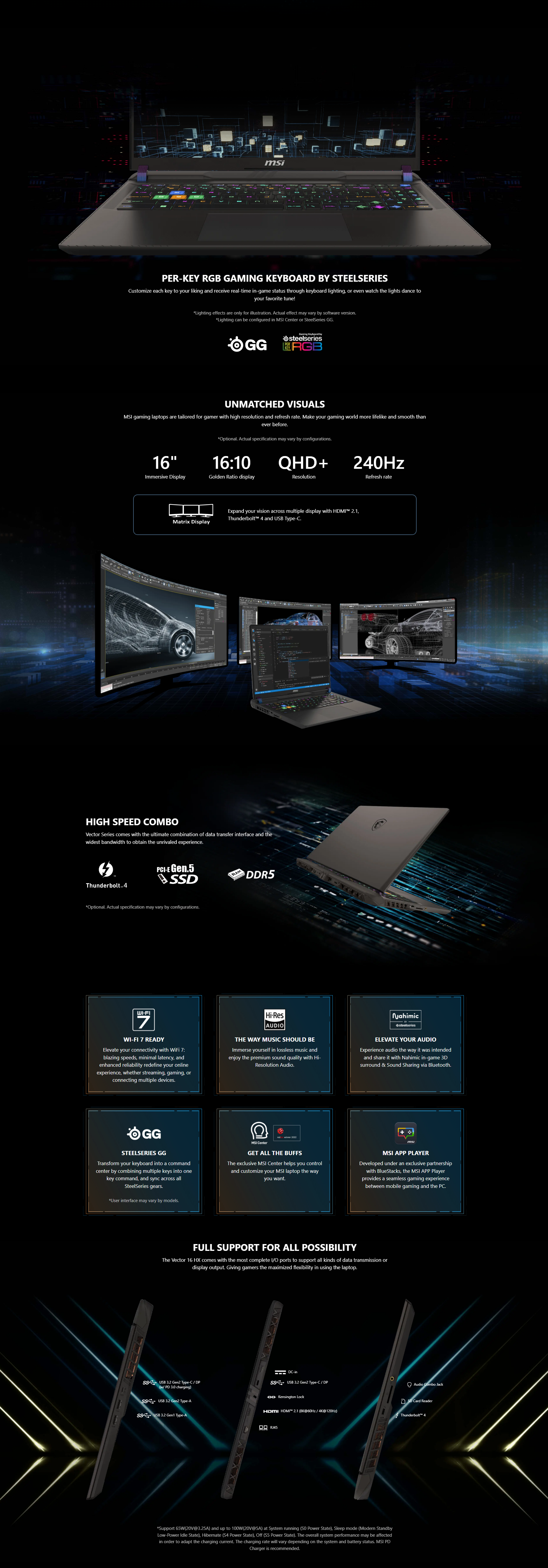 A large marketing image providing additional information about the product MSI Vector 16 HX (A14V) - 16" 240Hz, 14th Gen i9, RTX 4070, 32GB/2TB - Win 11 Gaming Notebook - Additional alt info not provided